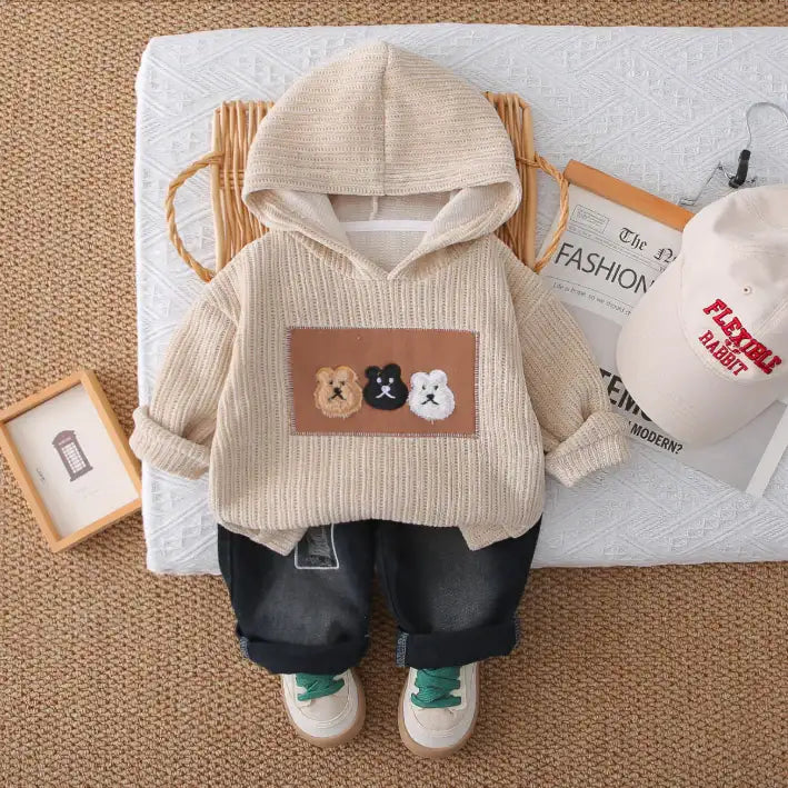 Bear Patch Hoodie & Jeans Childrenβs Outfit β Blue or Cream (1-5 Years)